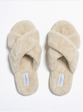 Faux Fur Cross Over Slippers - Cream